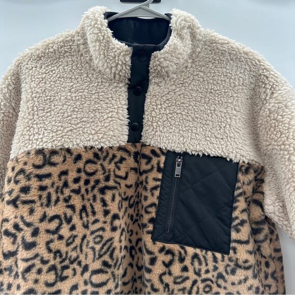 Rails Sherpa Faux Fur Leopard Print Teddy Jacket T-Snap Pullover Sz L - Picture 3 of 9
